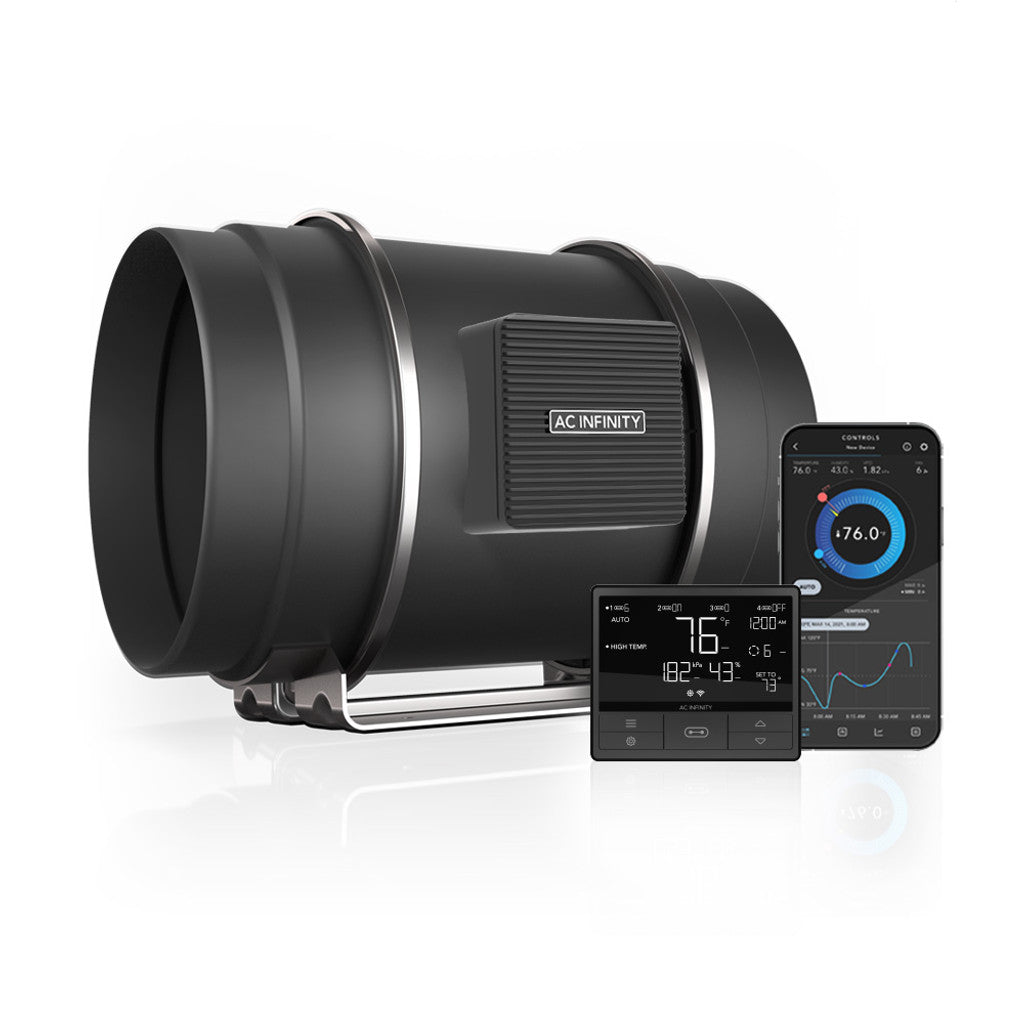 Front view of 8 inch smart inline duct fan for hydroponic ventilation