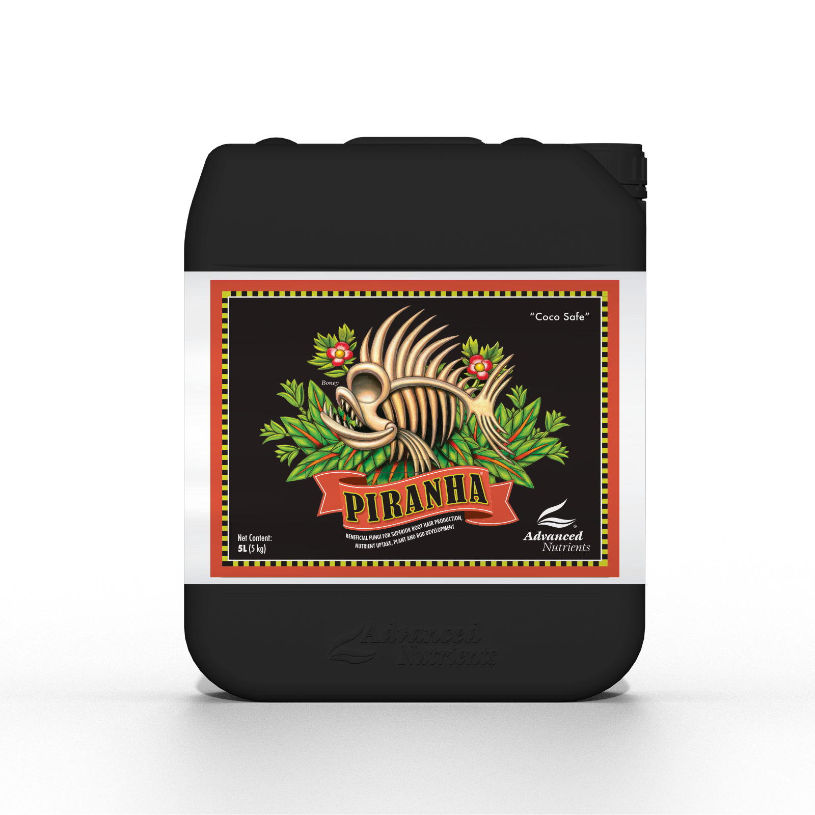 Black container with 'Piranha' label featuring a fish skeleton design on a white background