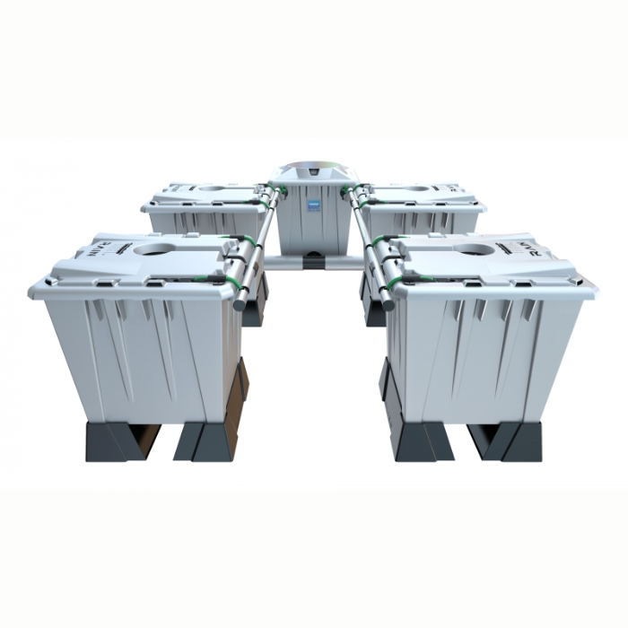 A set of Alien Hydroponics silver-colored, modular hydroponic growing tanks and associated equipment designed for indoor gardening.