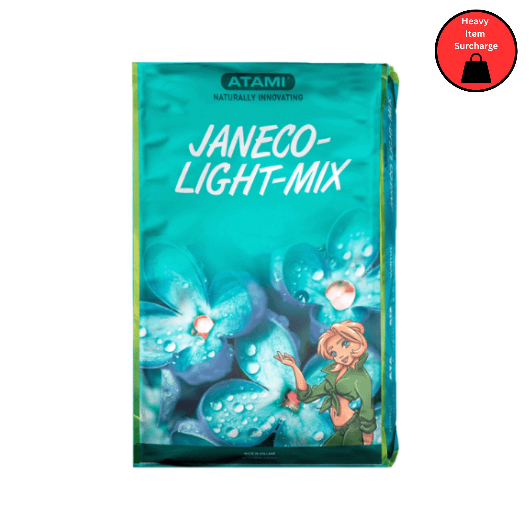 A package of Atami B'Cuzz Janeco Light Mix soil, featuring an illustration of a garden and a character likely related to the product's use in gardening.