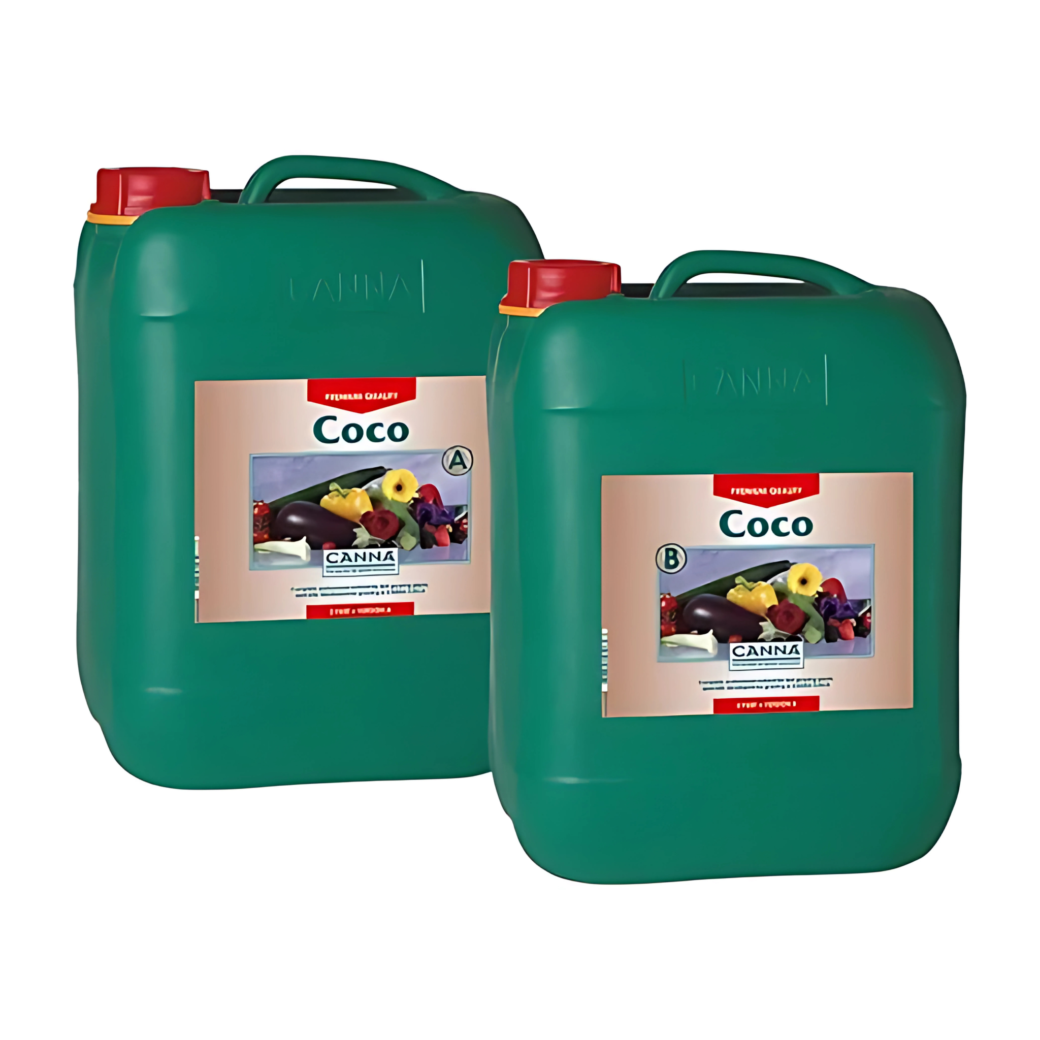Two green 10L containers labeled 'Coco' with colorful labels on a white background