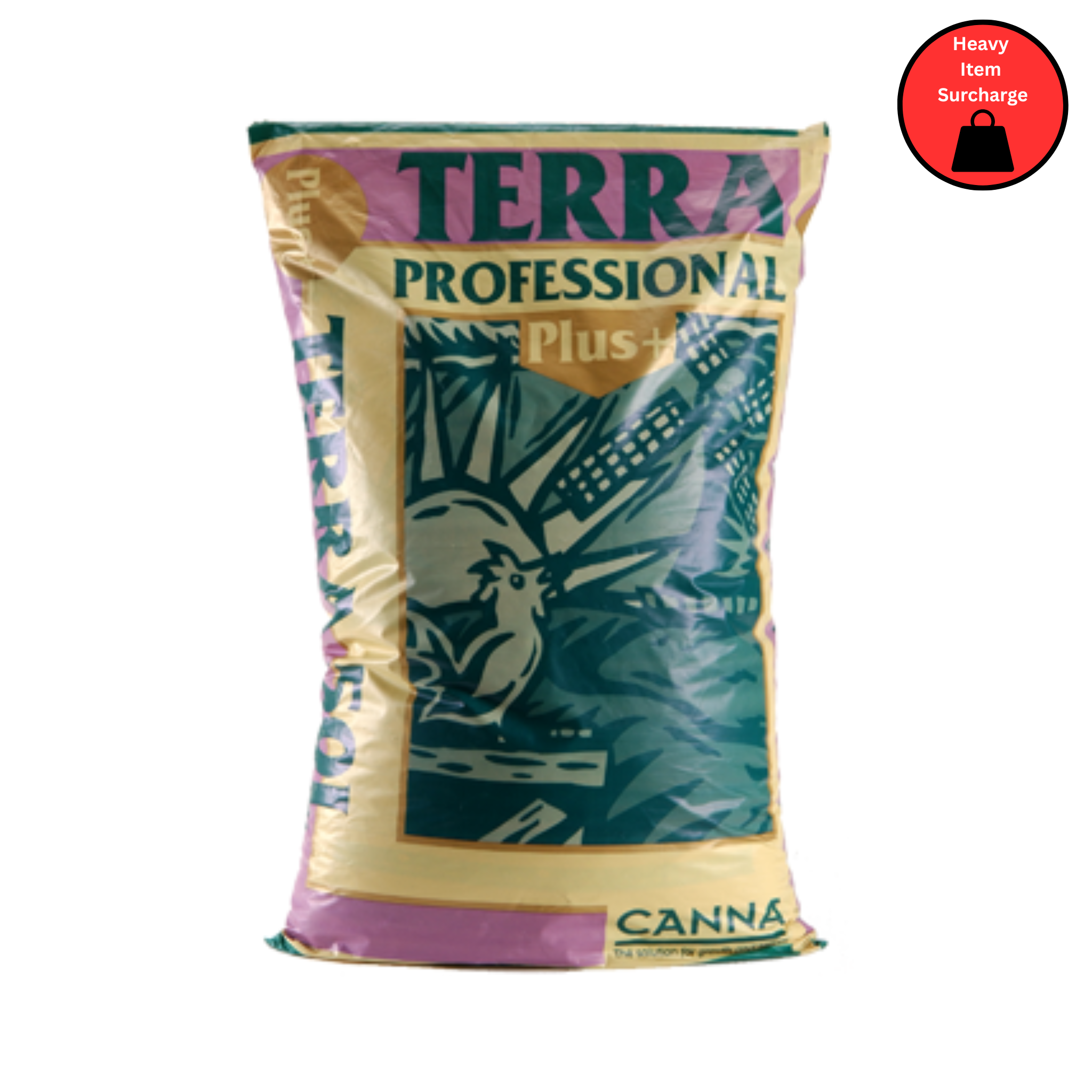 A bag of Canna Terra Professional Plus+ Soil Mix with product details and branding on the label.