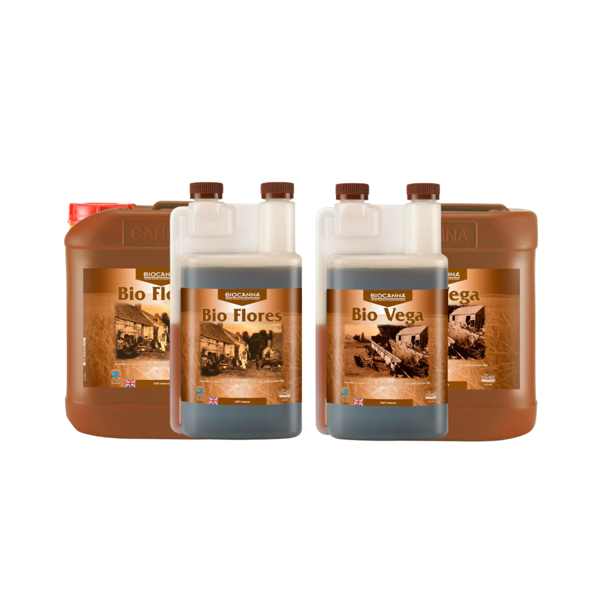 Two bottles of Canna Bio Vega and Canna Bio Flores organic plant nutrients, with brown labels and clear caps.