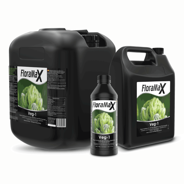 Set of FloraMax Veg-1 nutrient solution, one large, one medium and one small, with labels showing the product name and a picture of green plants.
