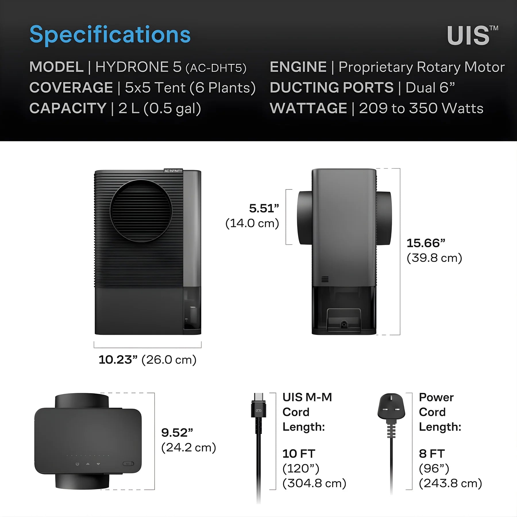 Product specifications for a black device with dimensions and features listed.