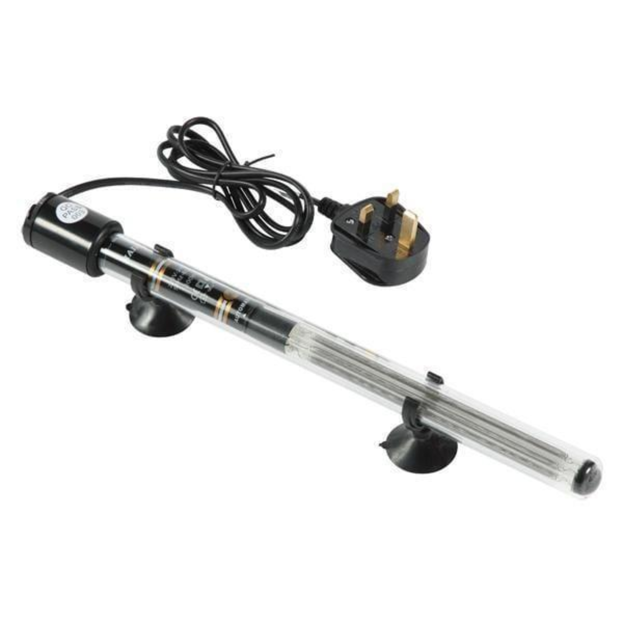 An image showing the Hailea CB8300 water heater, which is a cylindrical heating element with a black and transparent section, accompanied by clips and suction cups for installation, and a power cord with a plug.