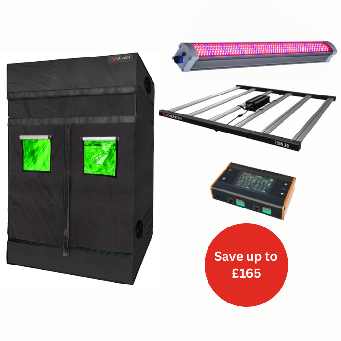 A set of images featuring a black grow tent with green windows, an LED grow light, and a digital control panel, all part of the Kaizen Pro Komodo Tent & Under Canopy Light Bundle.
