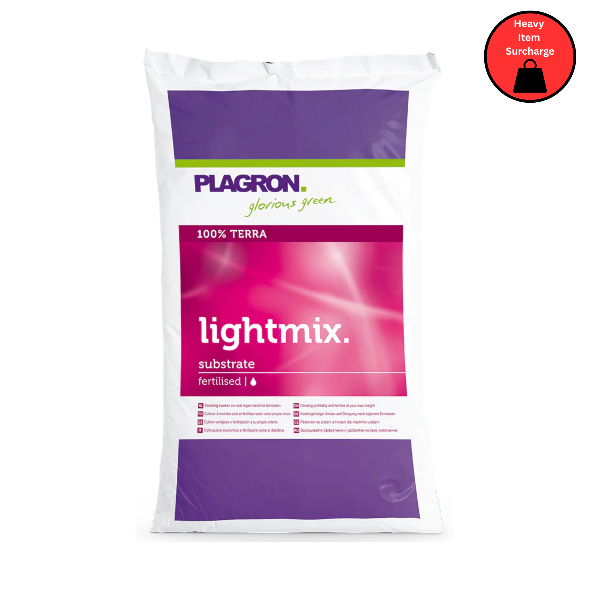 A bag of Plagron Light Mix substrate for gardening, labeled as 100% Terra and fertilised.