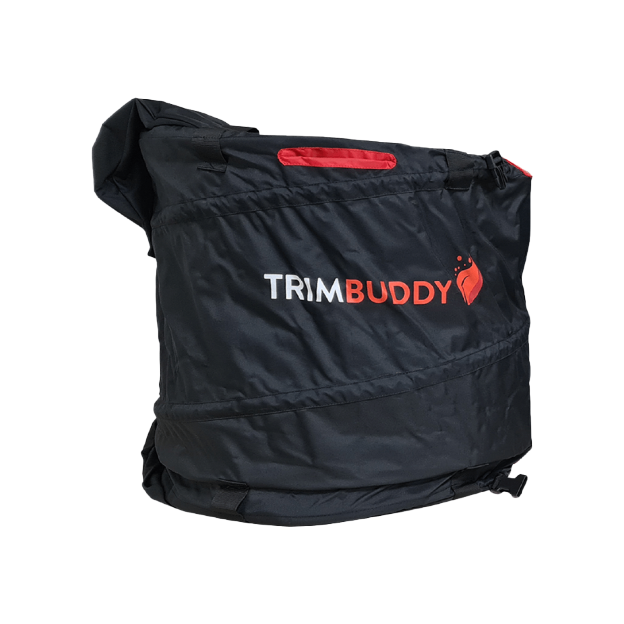 A black Trim Buddy trimming bag with red accents and the brand logo printed on the side.