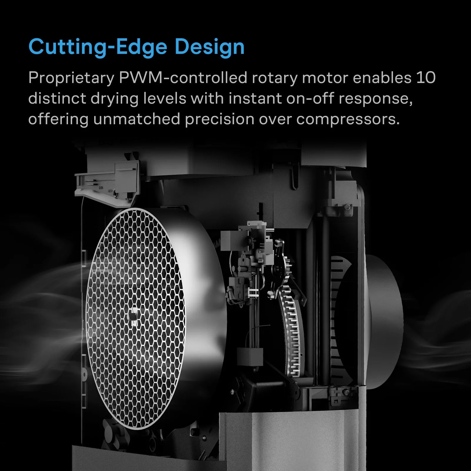 Close-up of a machine with text highlighting its PWM-controlled rotary motor and precision over compressors.
