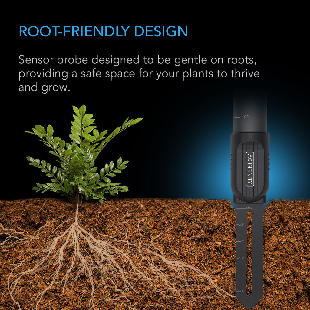 AC Infinity Soil Sensor monitoring soil saturation in garden bed for optimal irrigation