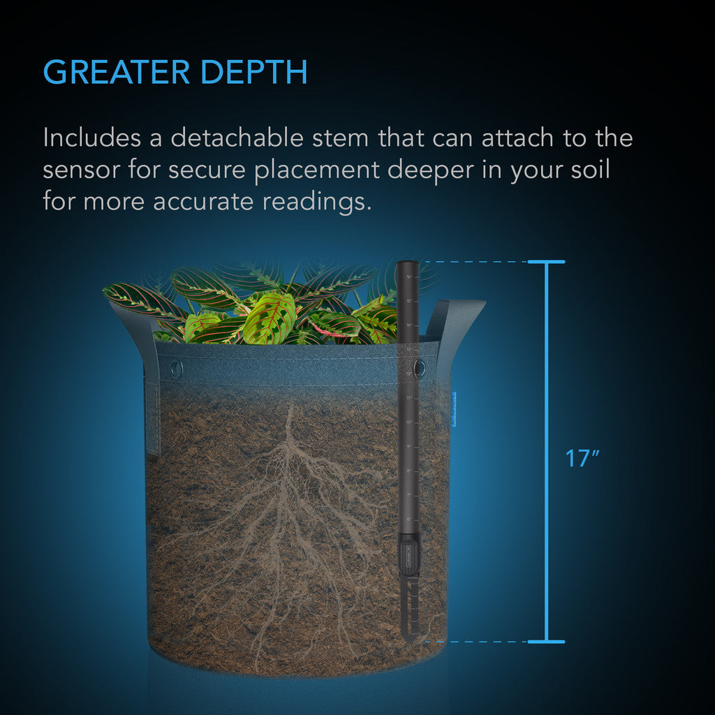 Detachable soil sensor stem securely placed deep in soil for accurate monitoring