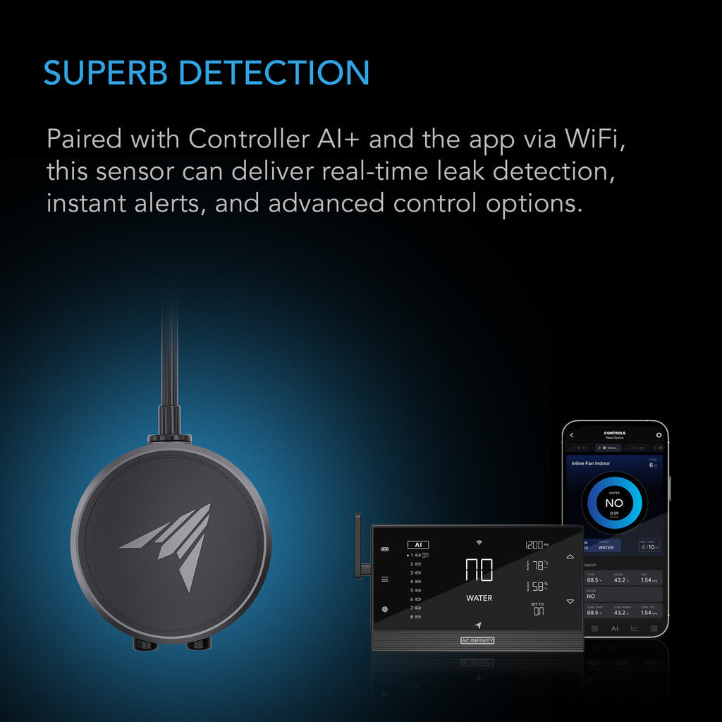 AC Infinity AI Water Sensor data displayed on Wi-Fi app for leak detection