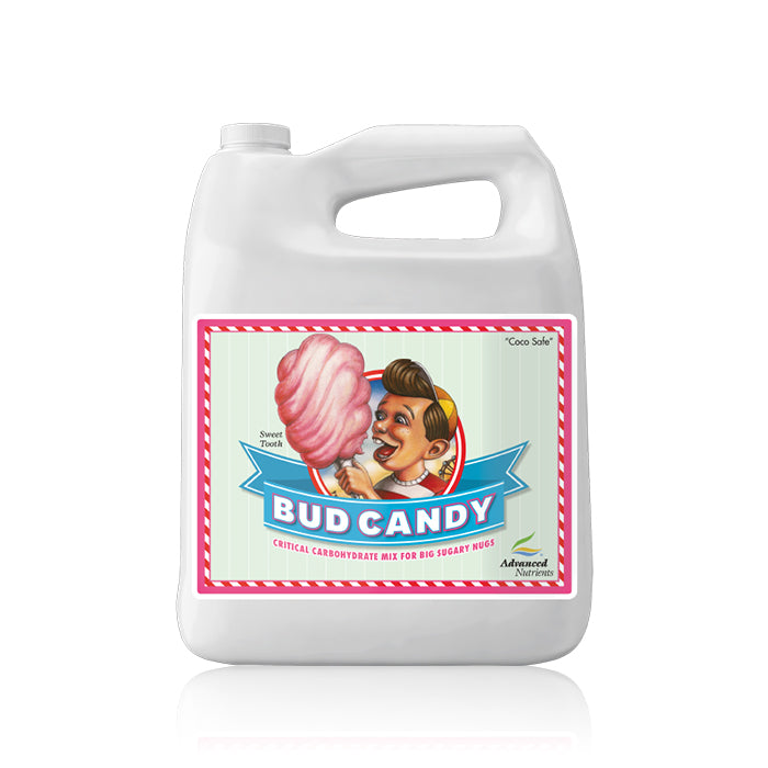 5L bottles of Advanced Nutrients Bud Candy, with colorful labels featuring a cotton candy and a cartoon character.