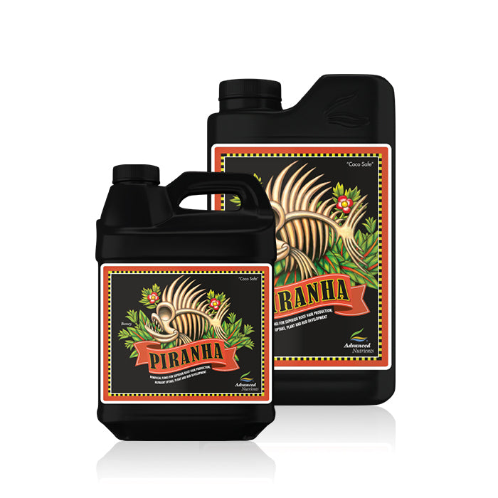 Two bottles of Advanced Nutrients Piranha Liquid, one smaller and one larger, with labels and product information.