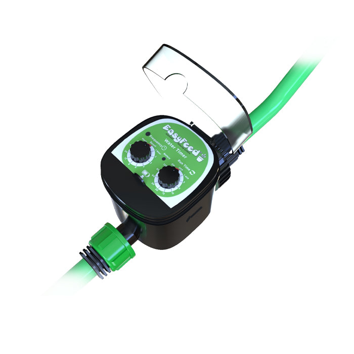 A battery-operated water timer with a green and black color scheme, featuring a label with 'Alien Easyfeed' branding and two visible buttons.