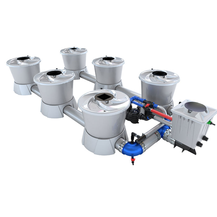 A hydroponics V-system 6 pot setup with multiple gray pots and a blue pump.