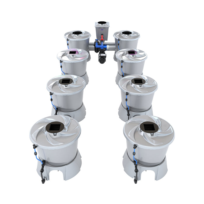 A hydroponics V-system 8 pot setup with multiple gray pots and a blue pump.