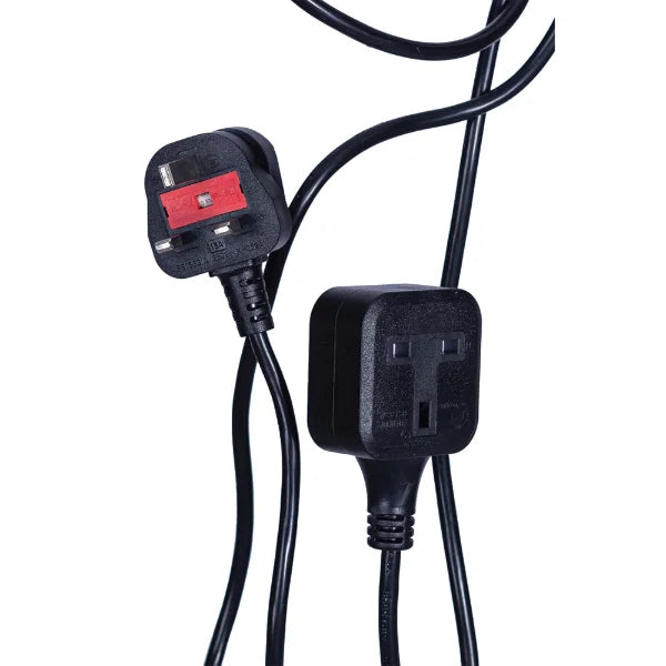 Black electrical extension cord with plugs on a white background