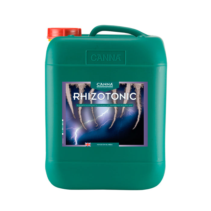 A bottle of Canna Rhizotonic 10L, with a label featuring a palm tree and the brand's colors and logo.