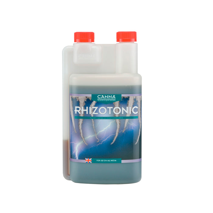 A bottle of Canna Rhizotonic 1L, with a label featuring a palm tree and the brand's colors and logo.