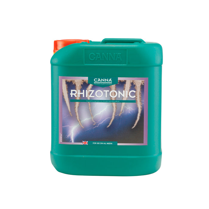 A bottle of Canna Rhizotonic 5L, with a label featuring a palm tree and the brand's colors and logo.