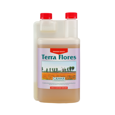 A bottles of Canna Terra Flores plant nutrients, with labels showing the brand, product name, and additional information.