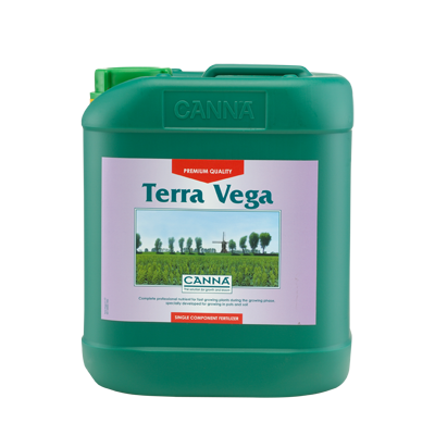 A bottle of Canna Terra Vega plant nutrients, with labels showing the brand, product name, and additional information.