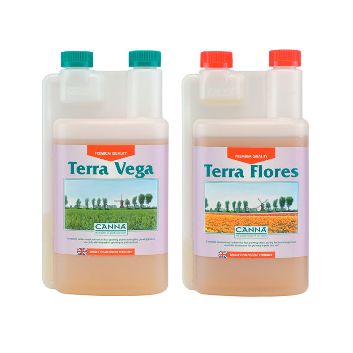 Two bottles of Canna Terra Vega and Terra Flores plant nutrients, with labels showing the brand, product name, and additional information.
