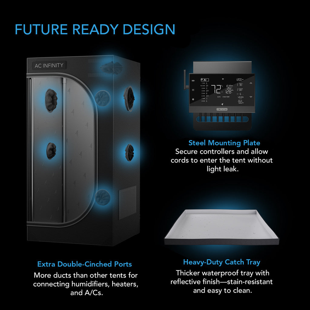 Interior of Cloudlab grow tent with reinforced corners, hanging bars, and heavy-duty floor tray