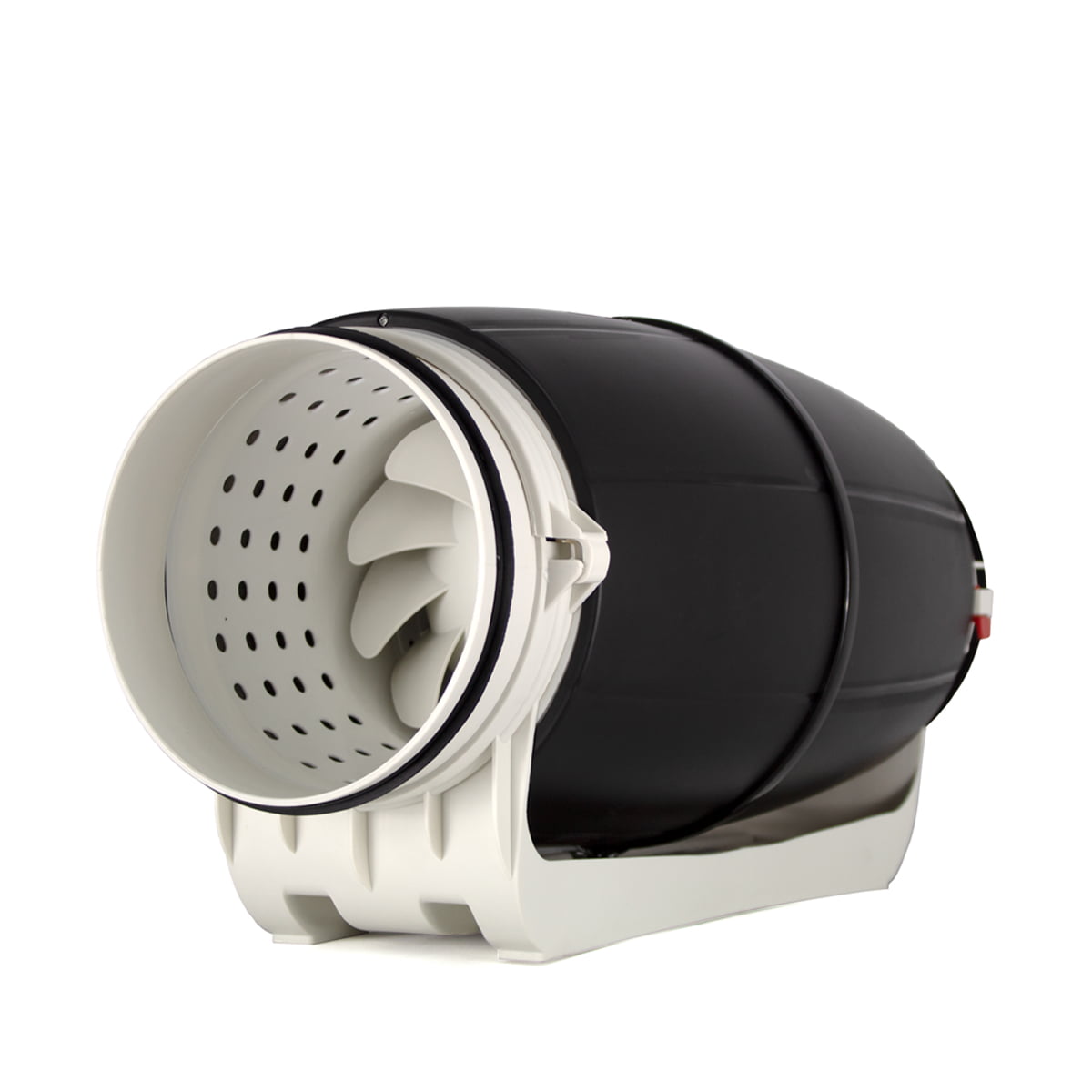 Cyclone Silent Inline Fan connected to flexible ducting – low noise extractor for hydroponic grow tents and loft spaces