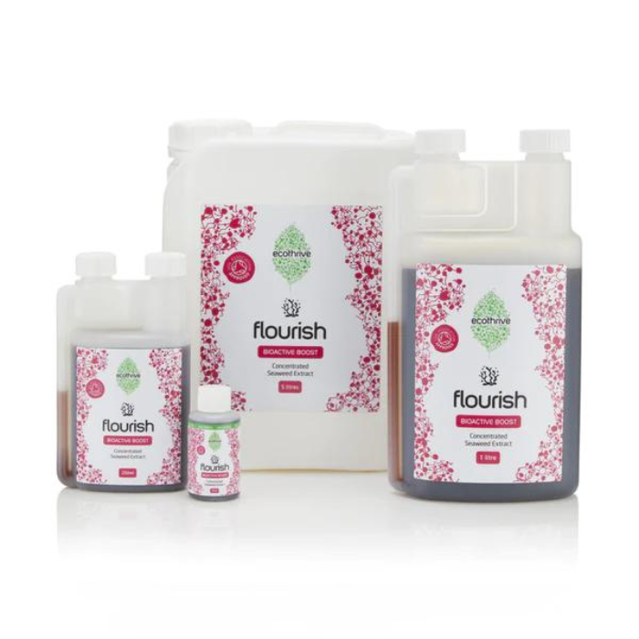 A range of Ecothrive Flourish product bottles in different sizes, designed for plant nutrition and displayed against a white background.