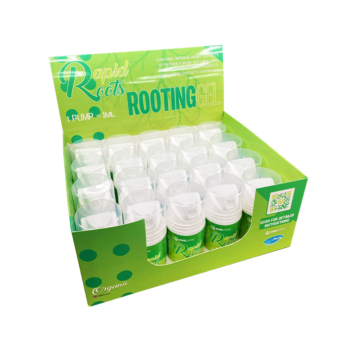 A box of Evoponic Rooting Gel products with multiple small bottles inside, placed against a green background with branding text.