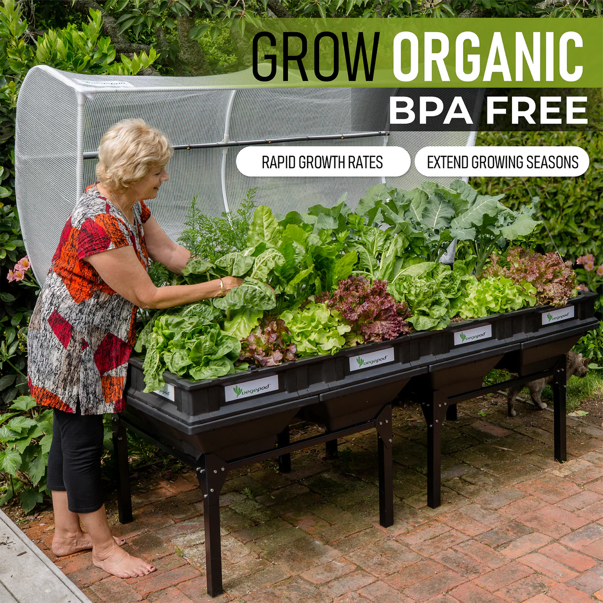 Woman tending to a hydroponic garden with text promoting organic gardening and BPA-free products.