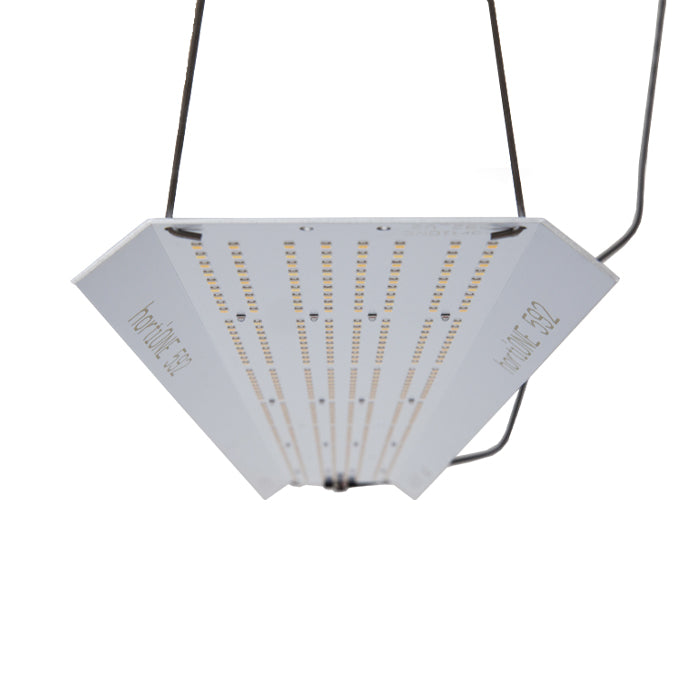 HortiONE 592 V2 190W LED Grow Light hanging for optimal hydroponic growth