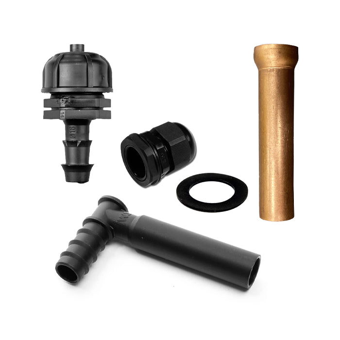 A set of IWS brand hydroponic fittings including a tee, elbow, barbed anti-siphon valve, copper filter, and a pro washer, displayed on a white background.