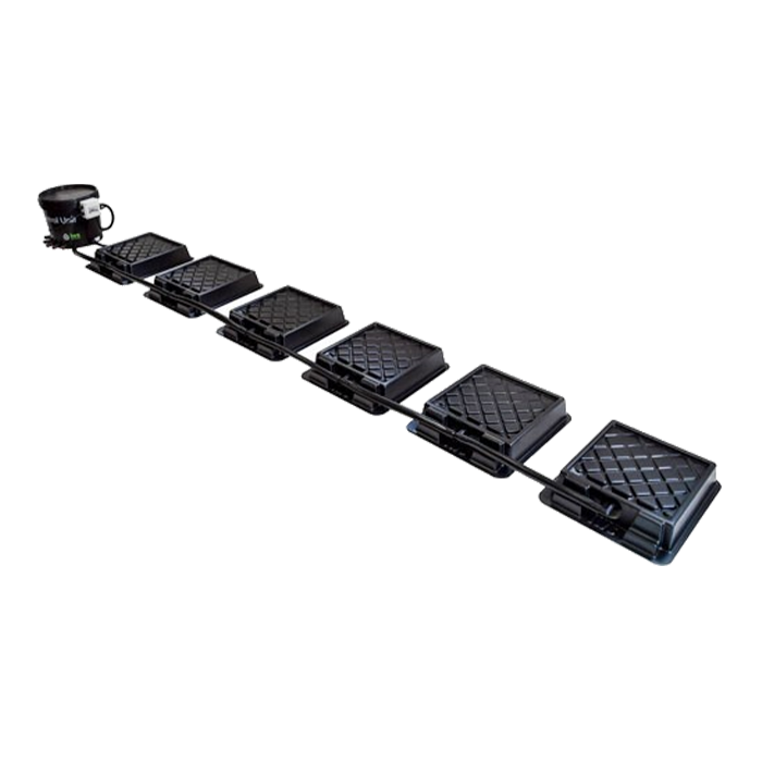 A series of black, solid-colored auto drain systems designed for plant pots, depicted in a staggered layout that shows the individual components and the way they are placed in a garden setting.