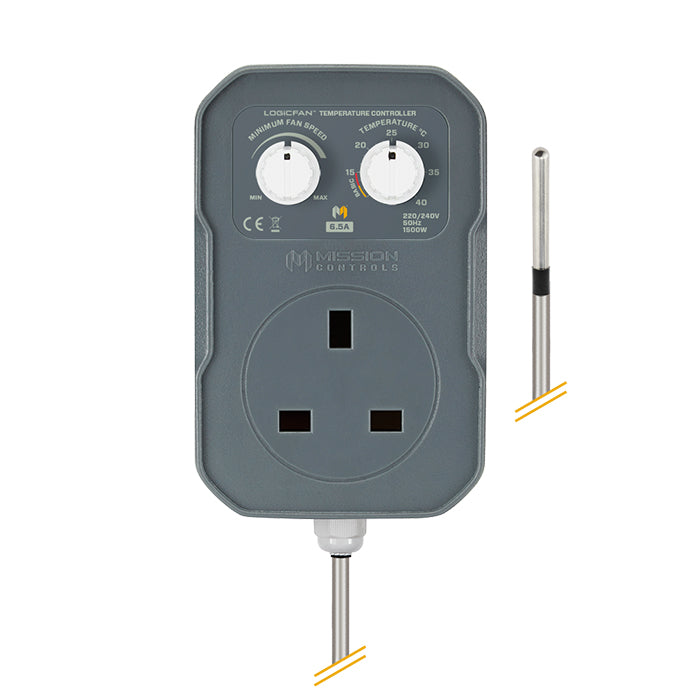 A gray Mission Controls LogicFan fan speed controller with an integrated plug, displaying power and mode indicators. probe attached.