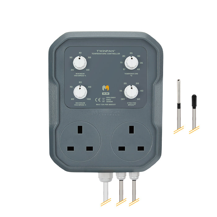 A gray Twin Fan Speed Controller with dials and a digital display for temperature and fan speed settings with probes attached.