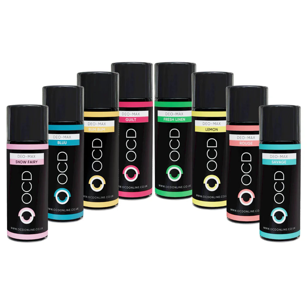 OCD Aerosol Blast Cans collection featuring all six DEO-MAX fragrances for powerful odour control in grow rooms and homes