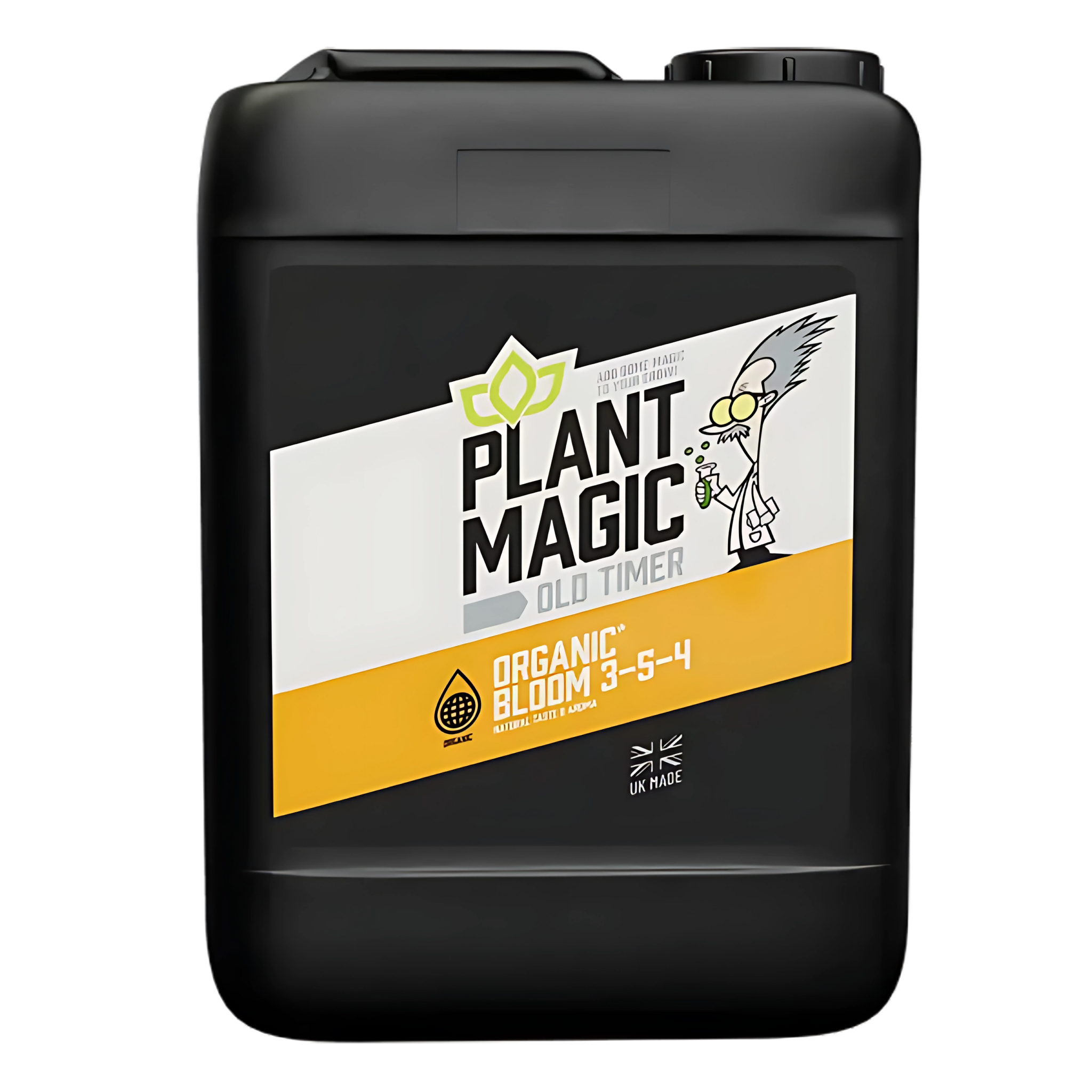 5L Black container of Plant Magic Old Timer Organic Bloom fertilizer on a white background