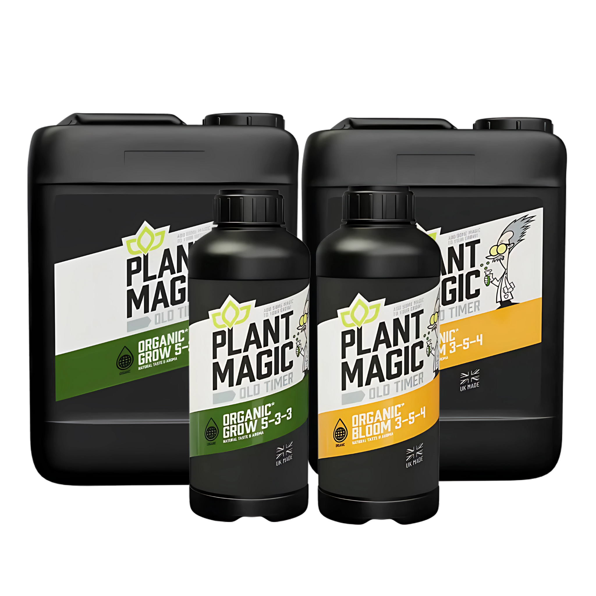 Set of Plant Magic Old Timer organic gardening products including grow and bloom formulas on a white background.