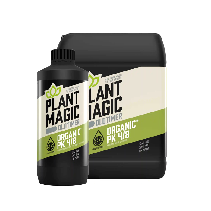 Two containers of Plant Magic Plus Oldtimer Organic PK 4-8 nutrient additive, one smaller bottle and one larger container, both with green and black labeling.