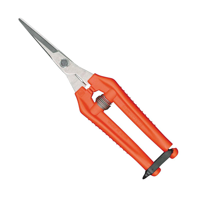 Red Chikamasa ultra light scissors with stainless steel blades and orange grip handles