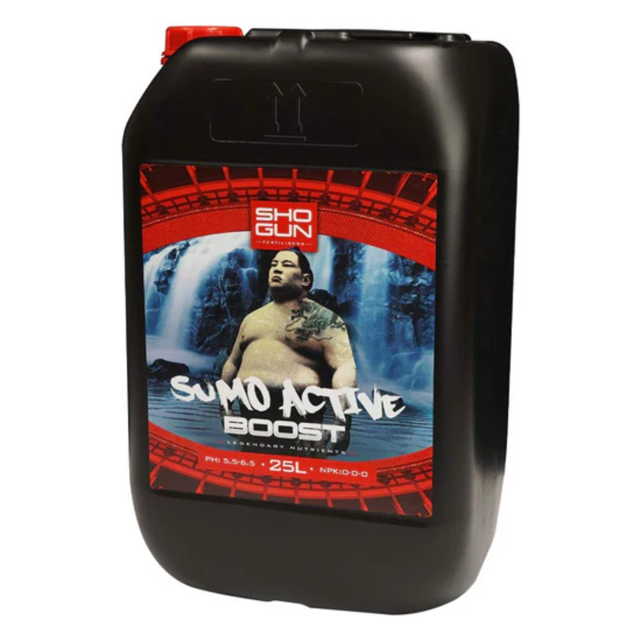 Black 25L Shogun Sumo Active Boost bottle with a red and blue label featuring a person and text, on a white background.