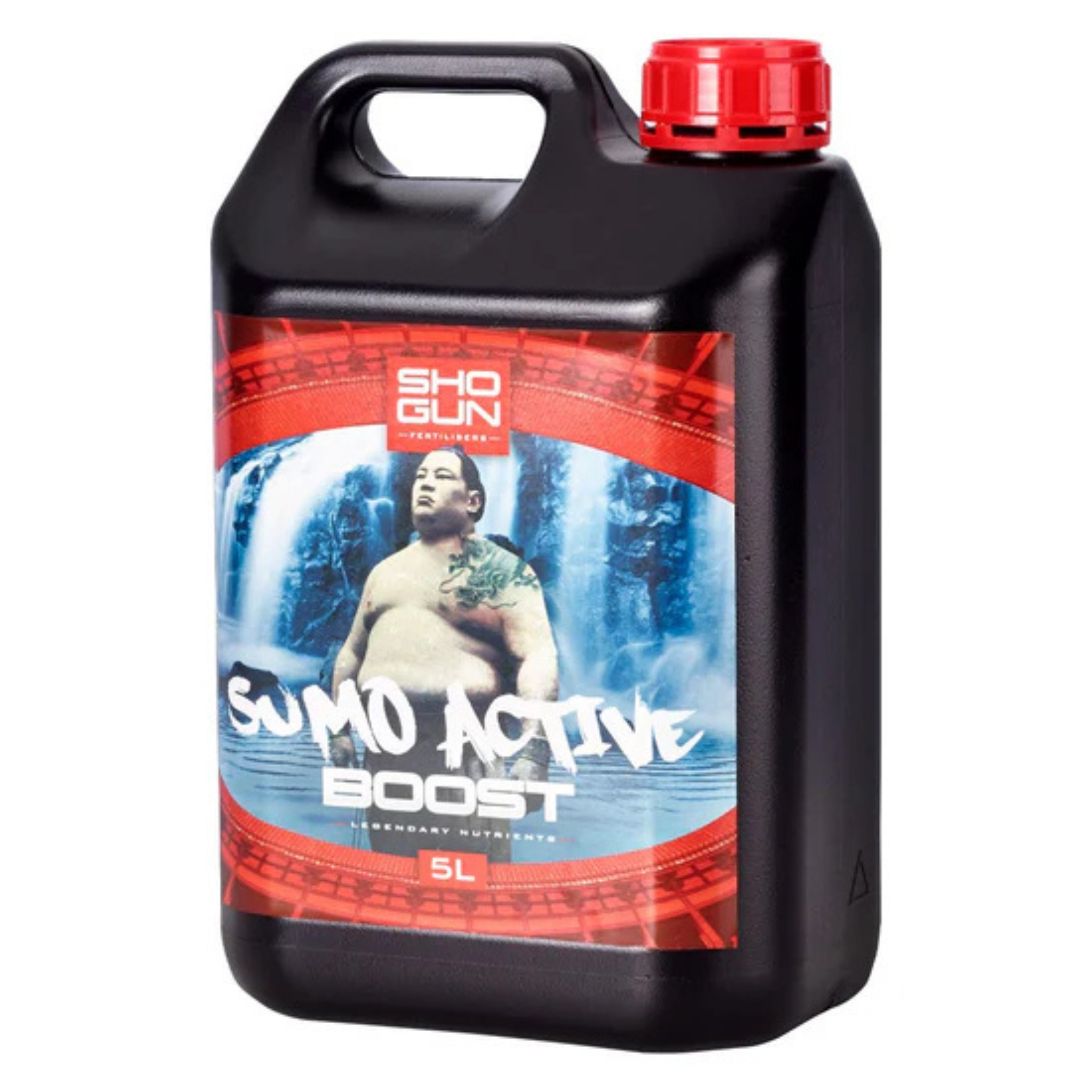 Black 5L bottle labeled 'Shogun Sumo Active Boost' with a red cap on a white background