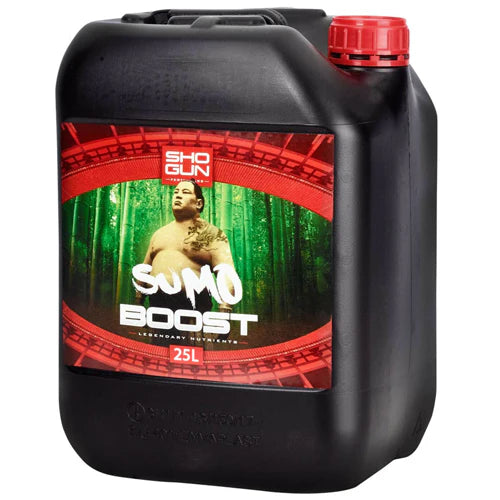 25L bottle labeled 'Shogun Sumo Boost' with a sumo wrestler graphic on a black background