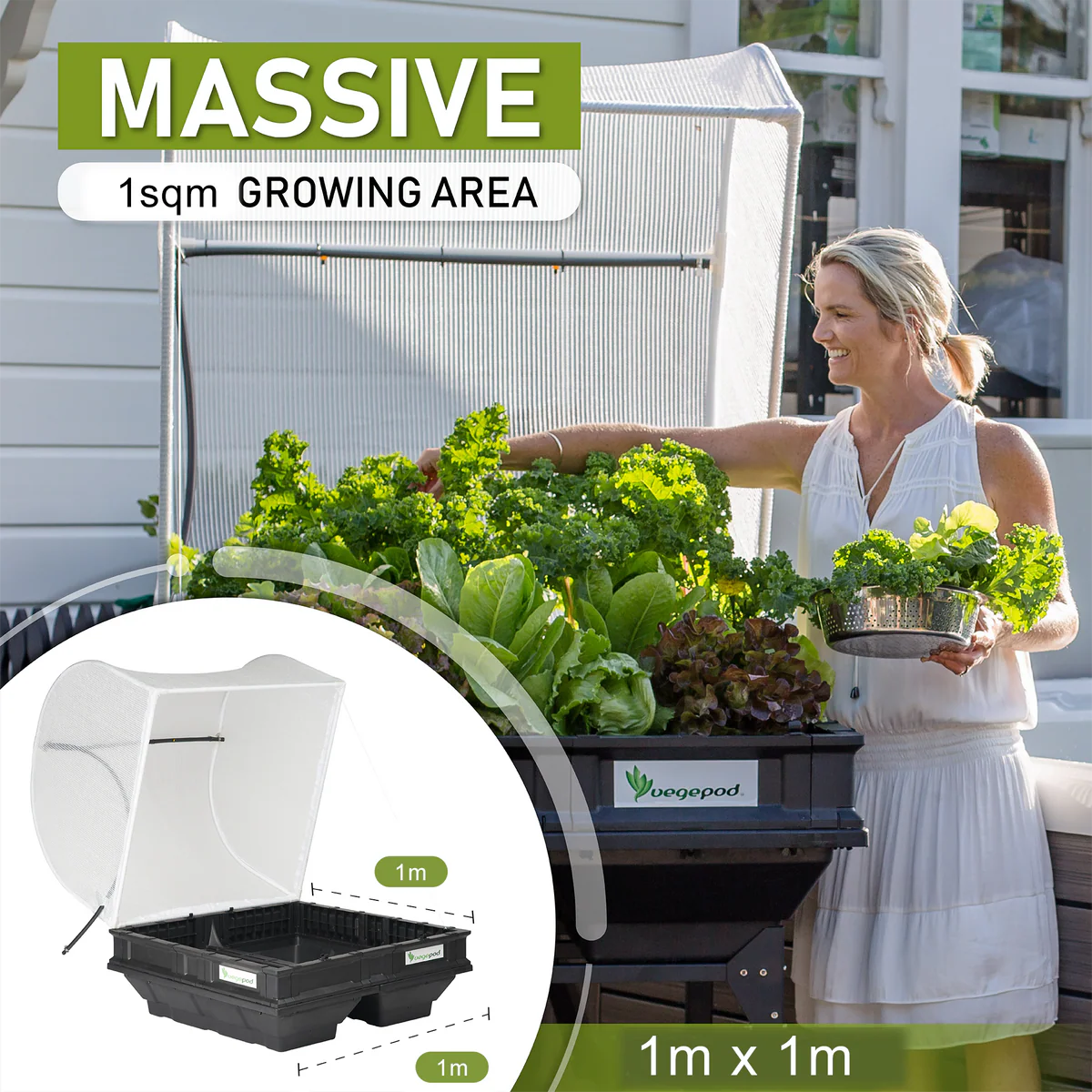 Woman with a medium vegepod gardening system with plants.