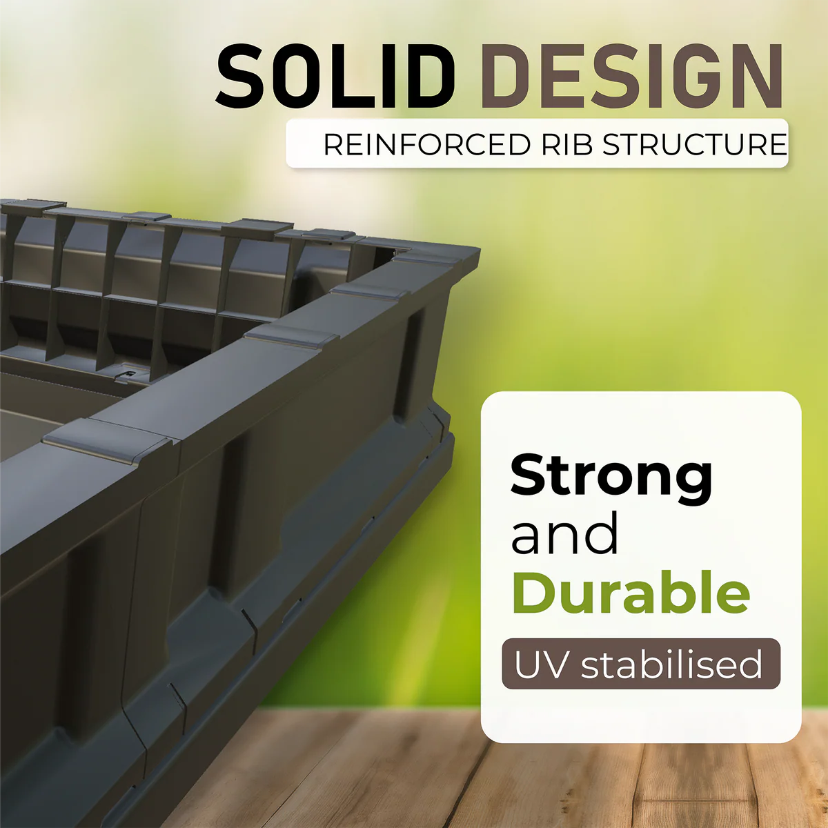 Strong and durable plastic pallet with reinforced rib structure on a wooden surface and green background.