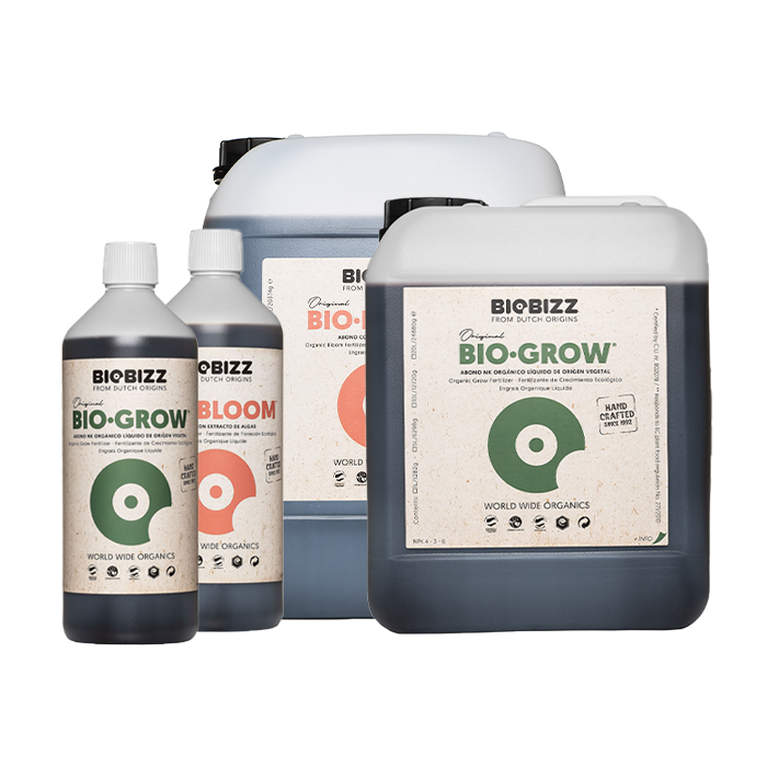 A set of BioBizz Bio Grow & Bloom fertilizers in various sizes, including small bottles and larger containers, with labels in green and white.
